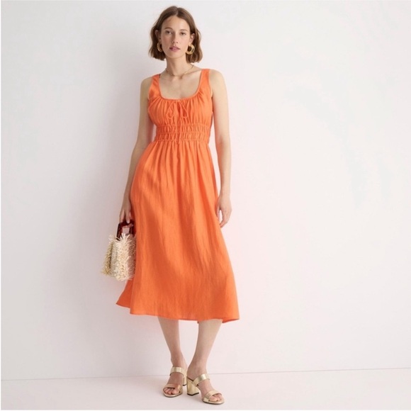 J. Crew Dresses & Skirts - J.Crew  Smocked Midi 100% Linen Dress in Tangerine Orange sz. M